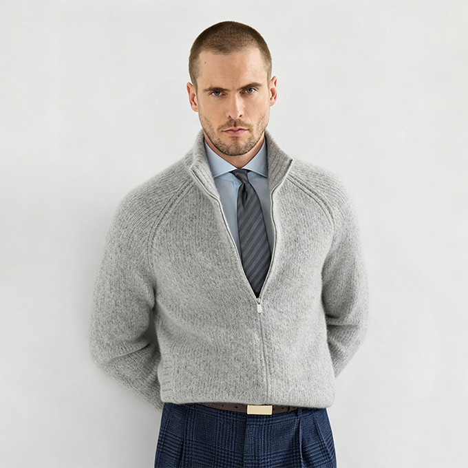 brunello cucinelli wool cotton blend stand collar full zip chunky knit cardigan